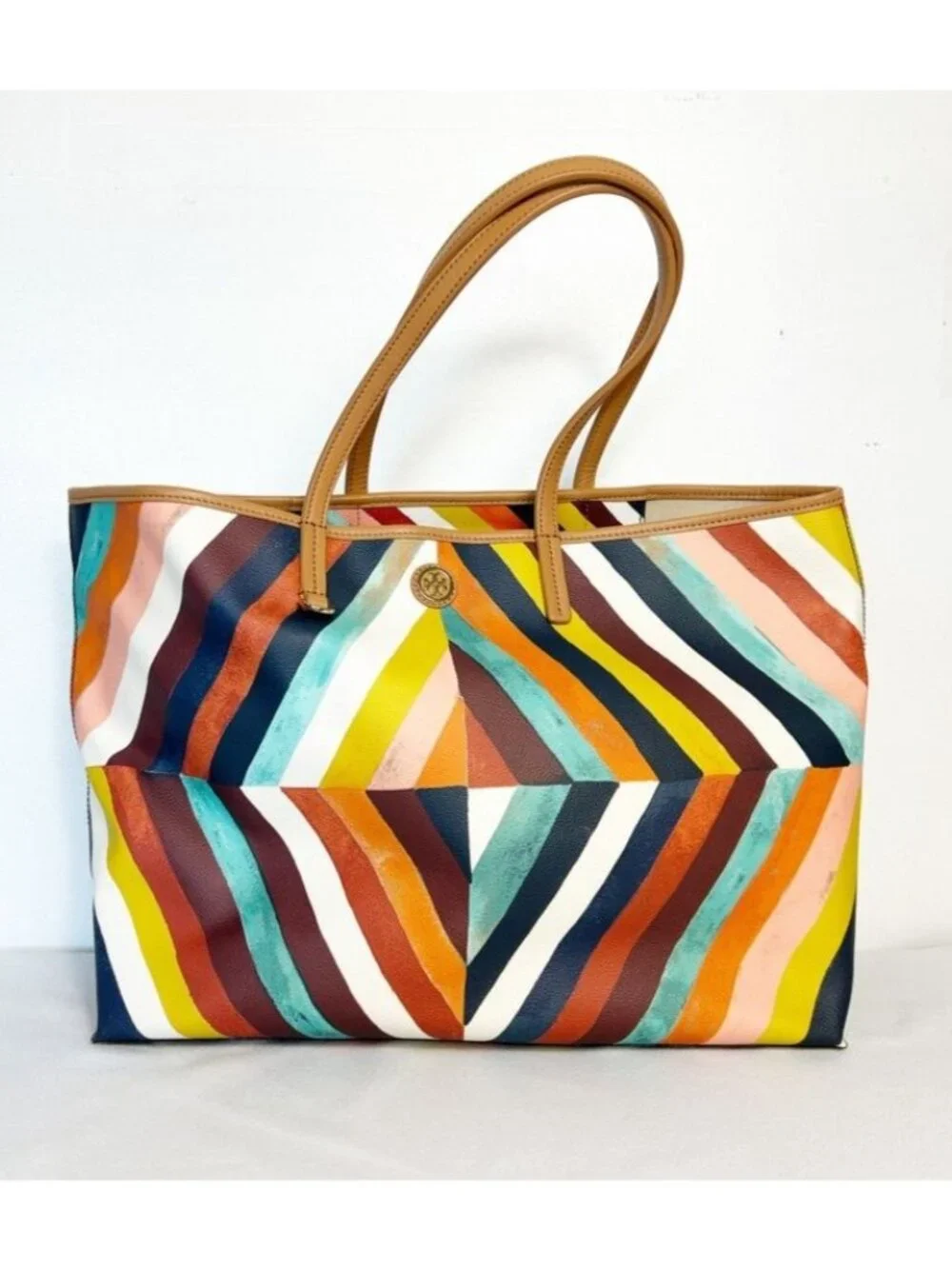 Tory Burch Kerrington Square Striped Large Tote in Diamond Combo